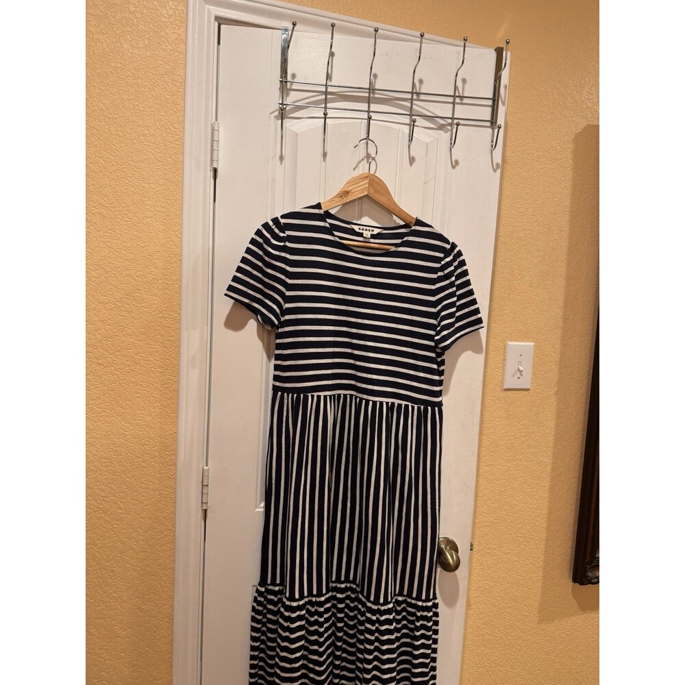 Boden Emma Tiered Jersey Midi Dress Blue and White Stripes SIZE 8P - Picture 3 of 14